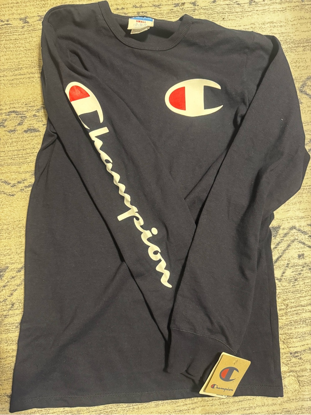 Champion Navy Long Sleeve Script & C Logo Tee